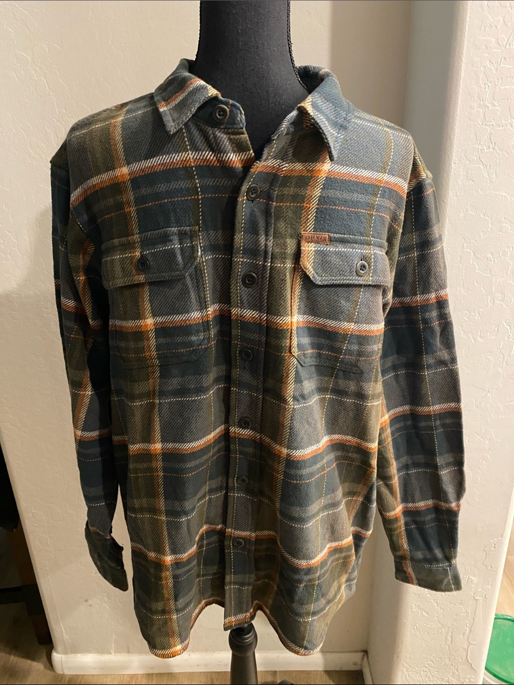 Orvis Olive Green Plaid Shirt with Orange and Navy Stripes NWOT